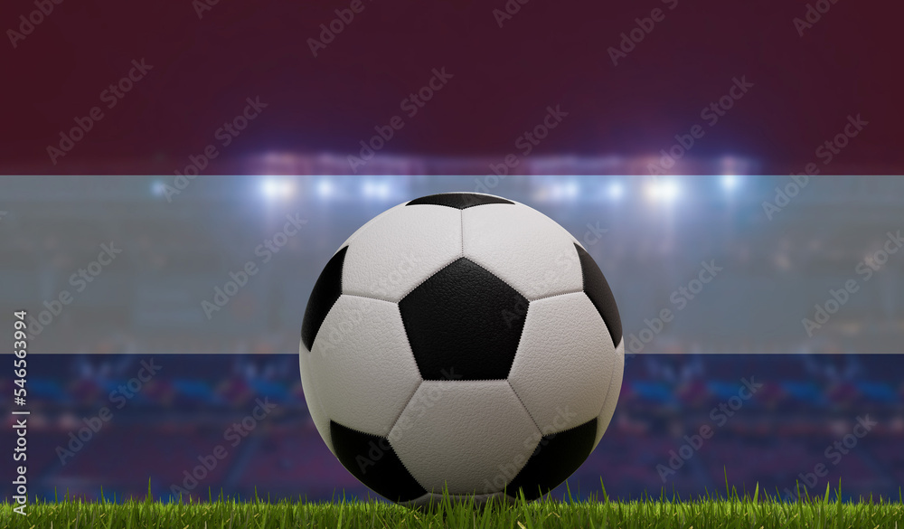 Soccer football ball on a grass pitch in front of stadium lights and netherlands flag. 3D Rendering