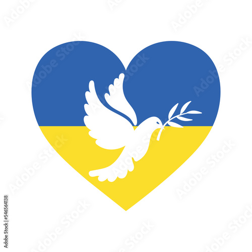 Heart shape in Ukrainian flag blue yellow colors with white pigeon on it, dove of peace with olive branch. Russian Ukrainian military conflict symbol sign. Stop war, pray for Ukraine. Support Ukraine.