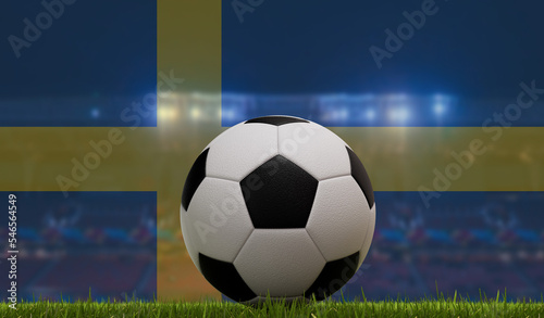 Soccer football ball on a grass pitch in front of stadium lights and sweden flag. 3D Rendering photo