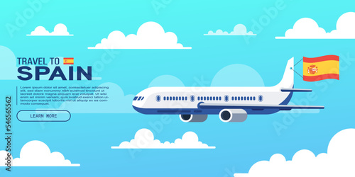 Travel to Spain poster with flying plane and national flag. Banner for travel agency. Vector illustration.