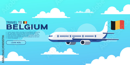 Travel to Belgium poster with flying plane and national flag. Banner for travel agency. Vector illustration.