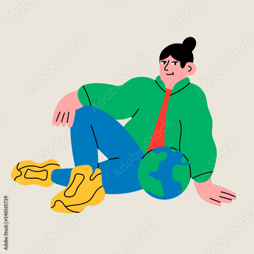Young person sitting near planet Earth with care and love. Cute cartoon character. Small globe. Hand drawn Vector illustration. World Earth day, energy saving, zero waste, save planet, ecology concept