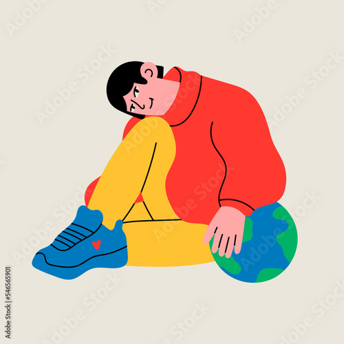 Young person holding planet Earth with care and love. Cute cartoon character. Small globe. Hand drawn Vector illustration. World Earth day, energy saving, zero waste, save planet, ecology concept