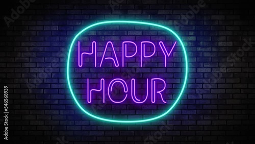Happy hour Neon Light on Brick Wall. Night Club Bar Blinking Neon Sign. Motion Animation. 4K FullHD and HD render footage animation