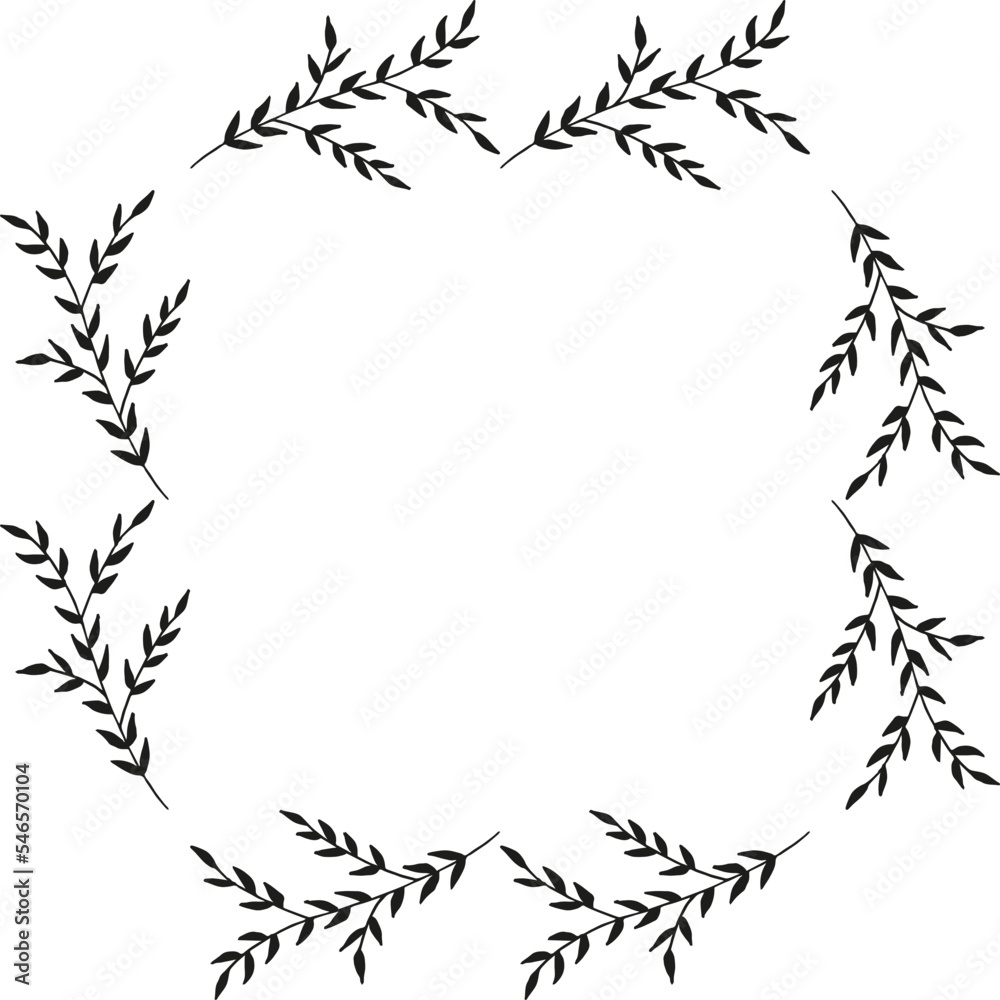 Square frame with lovely black branches on white background. Vector image.