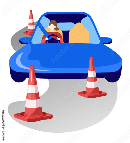 Driving school exams, practice test. Woman driving a car with safety belt. Road, VLC cone. Flat vector illustration.