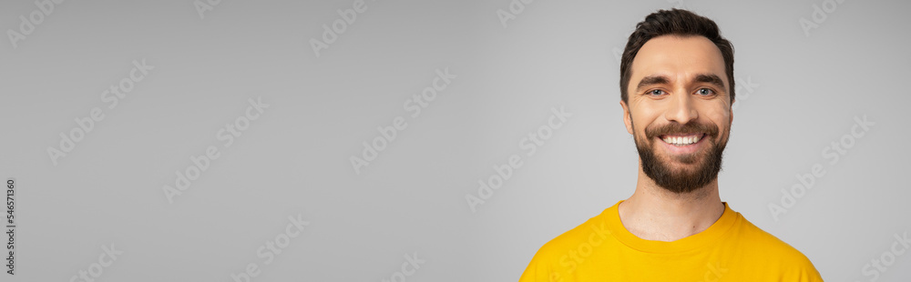 Fototapeta premium portrait of cheerful bearded man in bright yellow t-shirt looking at camera isolated on grey, banner.