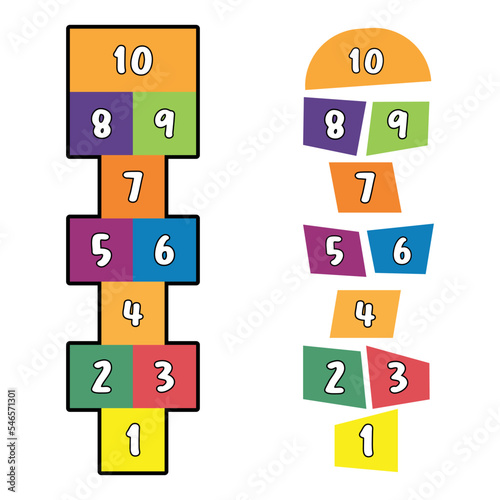 Illustration with hopscotch game. Drawn in colored chalk. Flat vector illustration isolated on white background. Children game colored with numbers