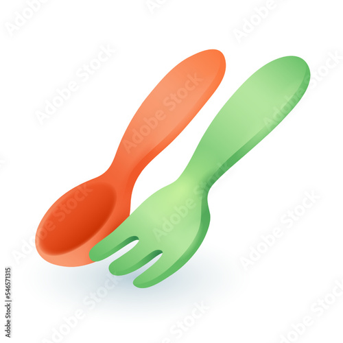 Baby plastic spoon and fork 3D icon. Kids toy tools for eating food and toddler feeding on dinner, breakfast or lunch 3D vector illustration on white background. Picnic, kitchen equipment concept