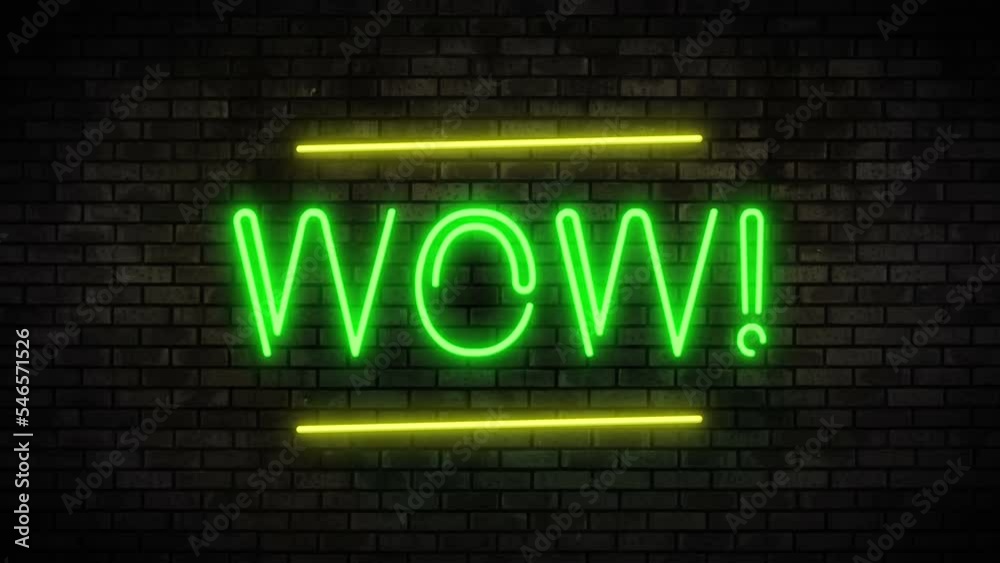 Wow Neon Light on Brick Wall. Night Club Bar Blinking Neon Sign. Motion Animation. Video available in 4K FullHD and HD render footage Wow Neon Light on Brick Wall. Night Club Bar Blinking Neon Sign. Motion Animation. Video available in 4K FullHD and HD render footage