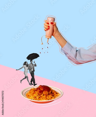 Food pop art photography. Contemporary art collage. Stylish young couple running under umbrella for lunch. Delicious Italian pasta with meatballs photo