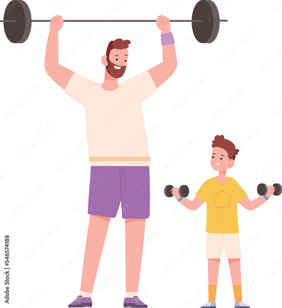 Father and son workout together with barbell and dumbbell Father and son workout together with barbell and dumbbell