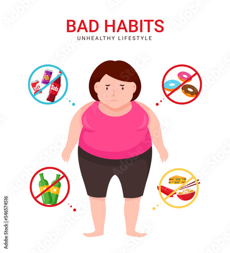 Obesity Woman Concept Infographic Illustration with bad habits

