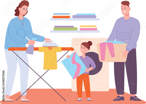 Kid helping parents with housework. Ironing clothes together