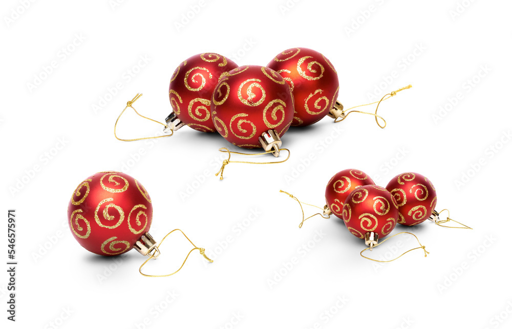 Red Christmas tree baubles with a glitter pattern in groups of three and a single isolated against a transparent background.