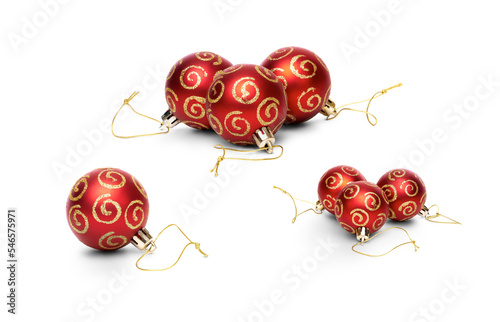 Obraz na płótnie Red Christmas tree baubles with a glitter pattern in groups of three and a single isolated against a transparent background. w salonie