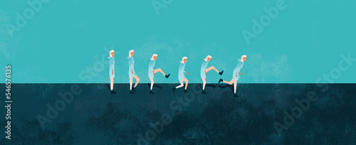 A woman is hiking while imitating the ministry of silly walks 