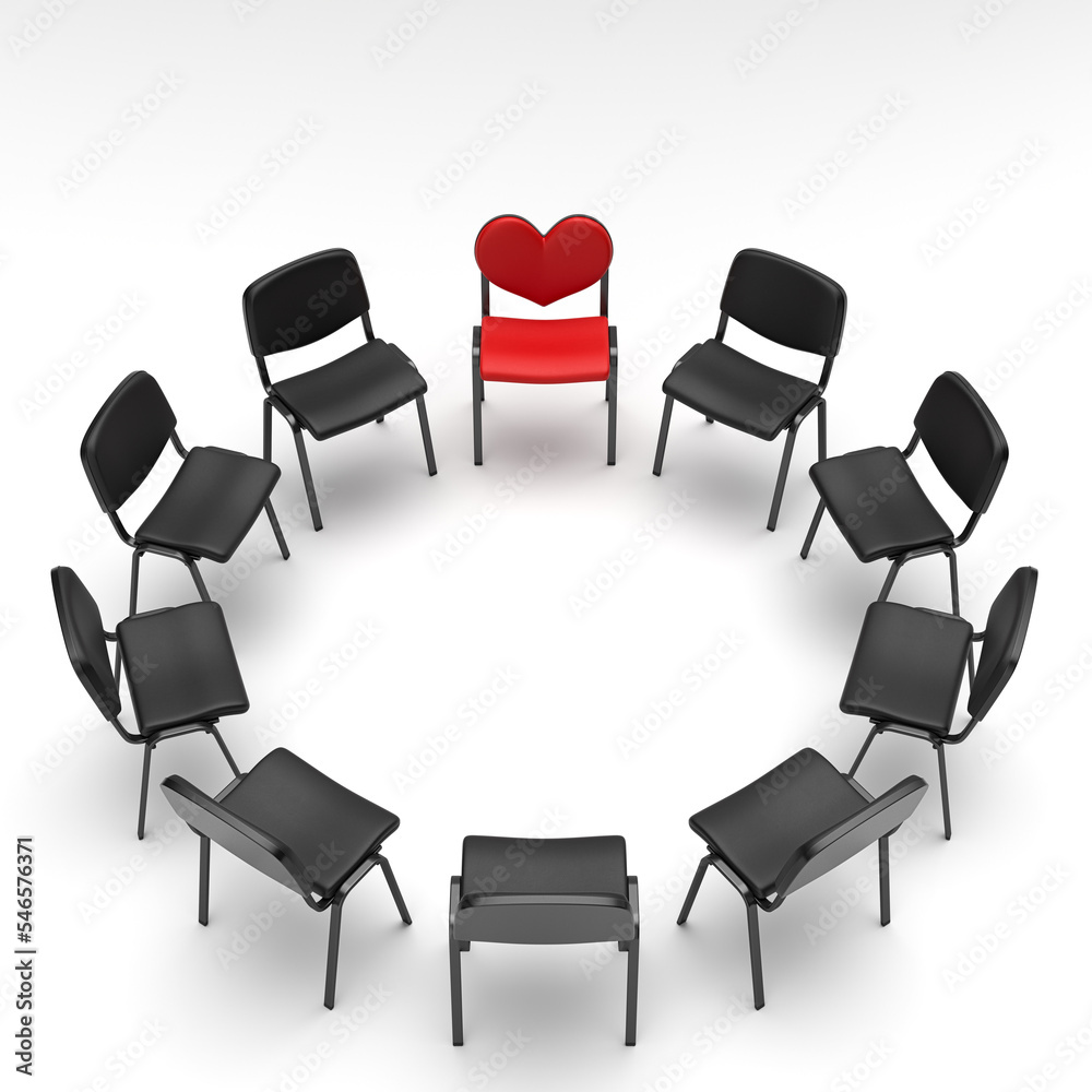 Obraz premium Black empty chairs in a circle with one red chair in the shape of a heart on a white background. The concept of a trust club on the theme of love. Group psychotherapy. 3d rendering.