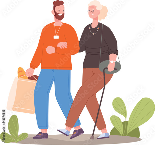 Man helping senior woman with shopping. Volunteer carrying groceries bag