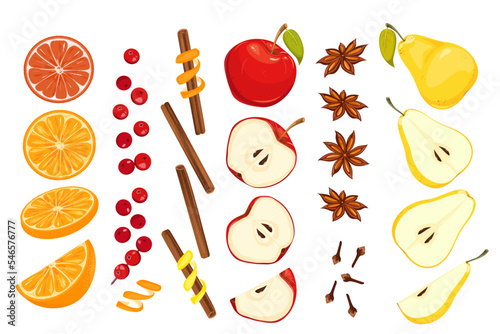 A set of spices and fruits for making winter drinks:mulled wine, punch, grog.Slices of orange,apples, pears,cinnamon sticks, cloves, star anise, cranberries.Elements of Christmas design.