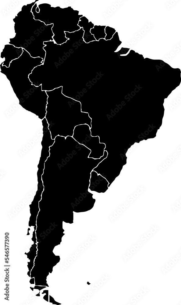 Black colored South America outline map. Political south american map
