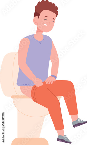 Child diarrhea. Boy sit in toilet with stomach ache