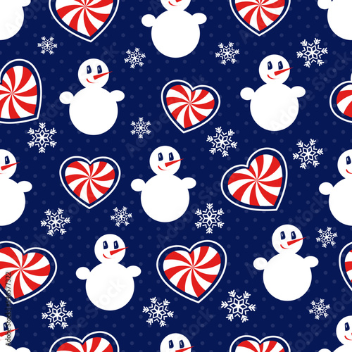 Snowman. Seamless vector pattern with stylized snowmen, heart-shaped candy canes and snowflakes. Winter pattern