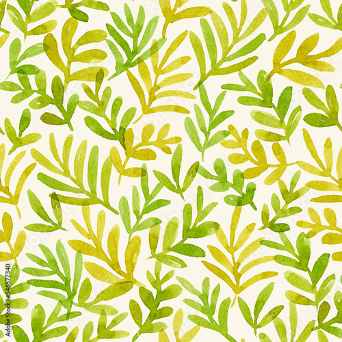 Seamless tropical leaves pattern. Watercolor hand painting botanical elements. Trendy floral illustration for surface design, fabric, fashion, wallpaper.