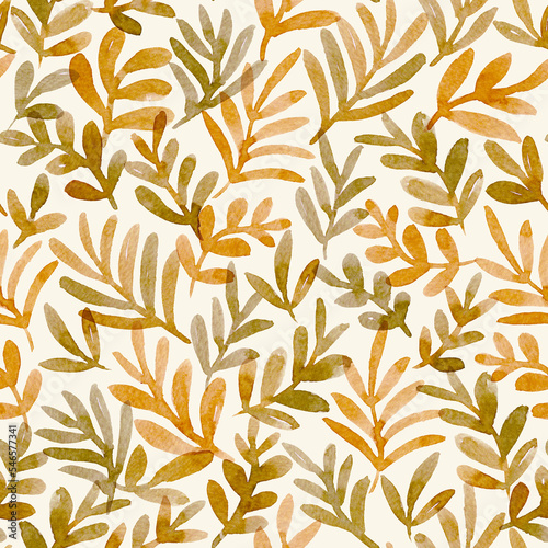 Seamless tropical leaves pattern. Watercolor hand painting botanical elements. Trendy floral illustration for surface design, fabric, fashion, wallpaper.