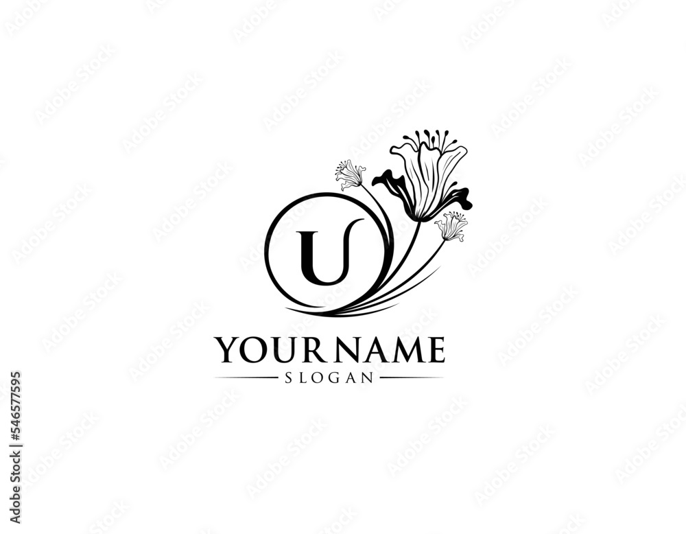 Abstract letter U with flower logo design, logo U vector, handwritten logo  of signature, wedding, fashion shop, cosmetics shop, beauty shop, boutique,  floral creative logo design. Stock Vector
