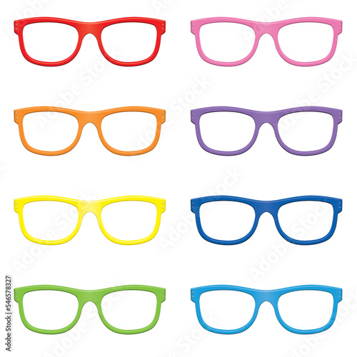 Eyeglasses, colorful trendy specs to put on someone - colored modern spectacles with red, orange, yellow, green, pink, purple and blue optical eyeglass frame - isolated vector on white background. 