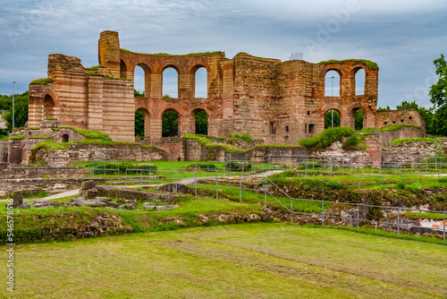 Interior view of the Roman bath complex with its subterranean passages in the archaeological park of the famous Trier Imperial Baths (Kaiserthermen) in Trier, Germany, on a cloudy day.