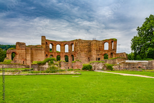 Lovely panoramic view of the Roman bath complex with the Palaestra in the archaeological park of the famous Trier Imperial Baths (Kaiserthermen) in Trier, Germany, on a cloudy day. photo