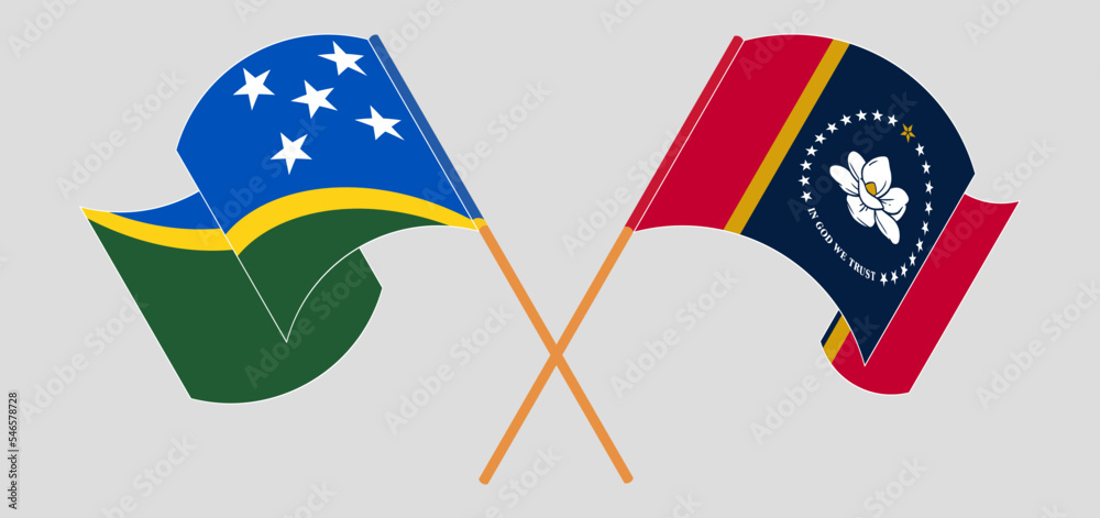 Crossed and waving flags of Solomon Islands and The State of Mississippi
