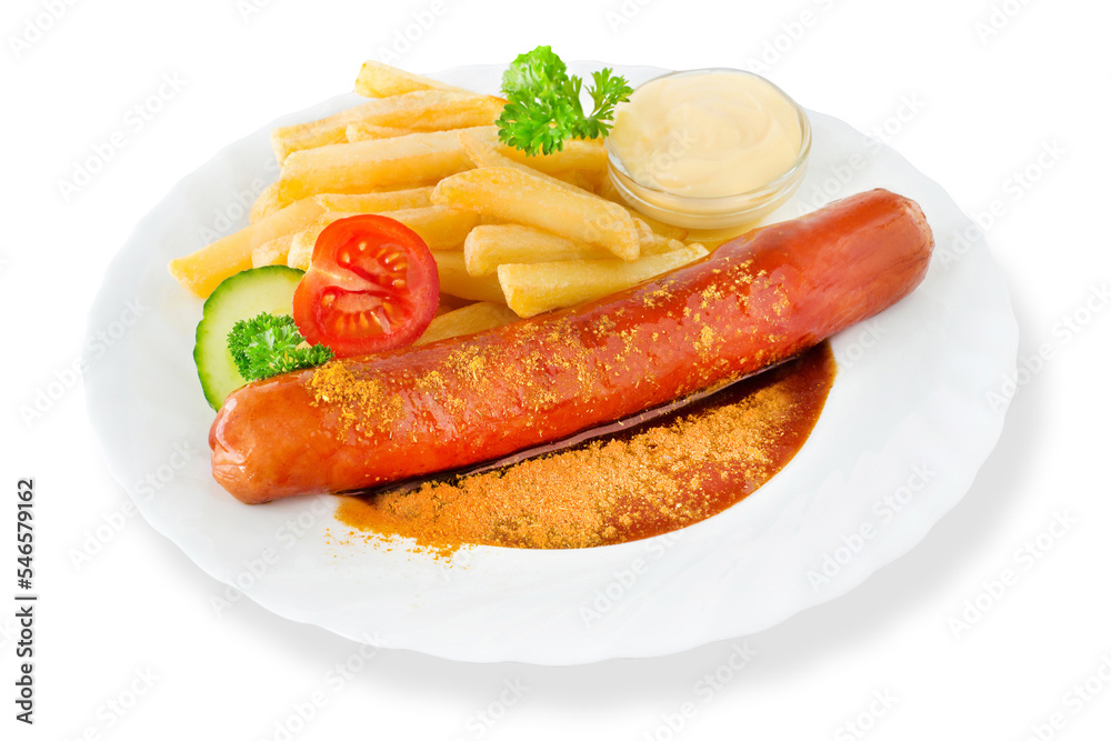 Currywurst mit Pommes frites und Salat auf weissem Hintergrund Currywurst mit Pommes frites und Salat auf weissem Hintergrund