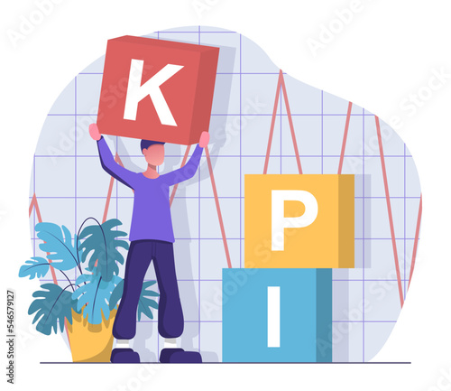 KPI. A man stacks the cubes of key performance indicators