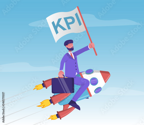Key performance indicators.
Businessman flying a rocket and holding a flag with KPI written on it

