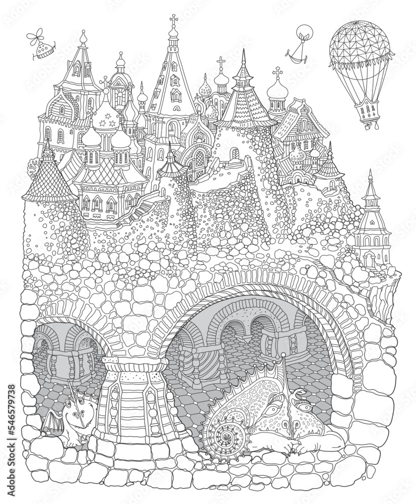 Fairy tale underground Dragon family cave apartment in the old medieval town. Black and white Adults coloring book page
