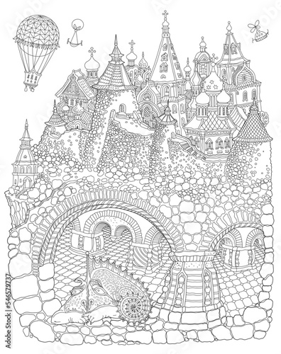 Fairy tale underground Dragon family cave apartment in the old medieval town. Black and white Adults coloring book page