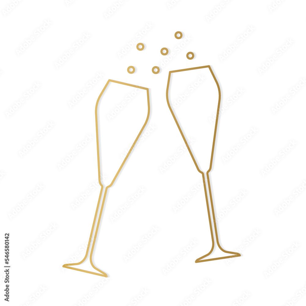 golden champagne glasses line icon, cheers, wedding, party, celebration of New Year's Eve- vector illustration- - obrazy, fototapety, plakaty 