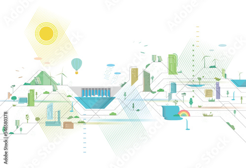 Staggered lines Quality City 7 dam with city and some elements of environmental vector illustration graphic EPS 10