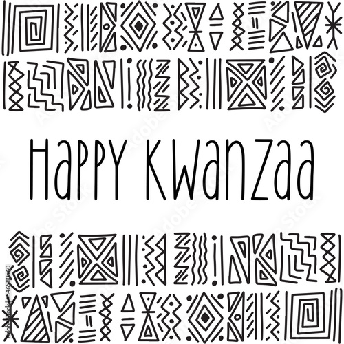 Happy Kwanzaa greeting card with African ethnic tribal clash ornament pattern background. hand drawn symbols motif template