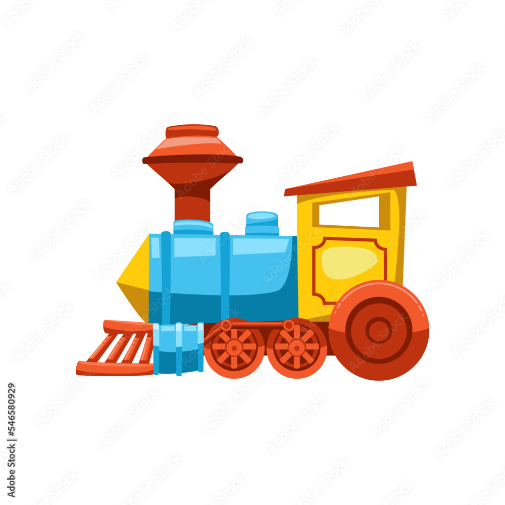 Toy train for kids flat vector illustration. Toy train for children on white background. Childhood, entertainment, transport concept Toy train for kids flat vector illustration. Toy train for children on white background. Childhood, entertainment, transport concept