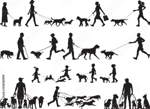 Men, women and children walk or run with the dog people vector silhouette collection