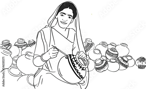 Traditional Indian rural women making pottery, painting and drawing desing over pot. indian working women, pottery women	