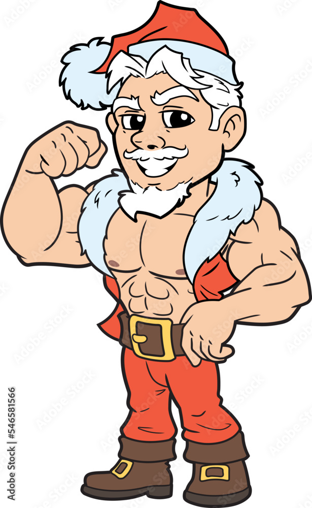 Cartoon style young muscular Santa Claus in red costume 2