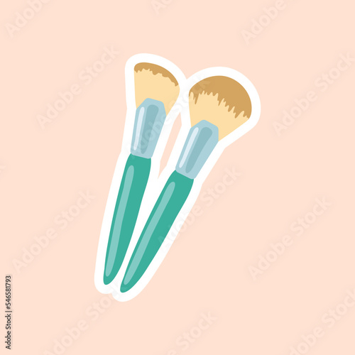 Beauty sticker with makeup brushes cartoon illustration. Beauty product  brushes  cosmetic. Glamour  stationery  fashion concept