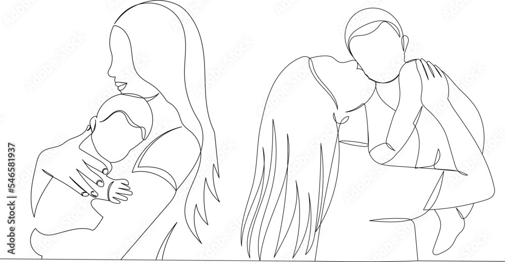 mother and baby continuous line drawing, vector, sketch