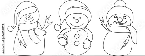 snowman continuous line drawing, vector, sketch