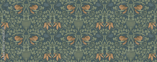 Floral vintage seamless pattern for retro wallpapers. Enchanted Vintage Flowers. Arts and Crafts movement inspired. Design for wrapping paper, wallpaper, fabrics and fashion clothes.